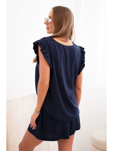 Kesi Włoski Women's set made of viscose, ruffled blouse and short shorts navy blue