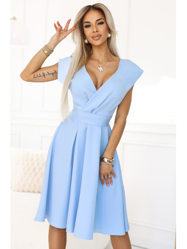 348-12 SCARLETT - flared midi dress with envelope neckline and belt - light blue