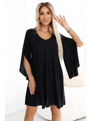 597-1 LIVIA Elegant trapeze dress with butterfly sleeves - black with glitter