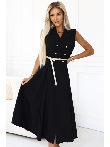 596-3 Elegant midi shirt dress with gold buttons and belt - black