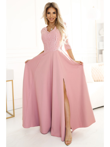 309-13 AMBER elegant long lace dress with a neckline - powder pink