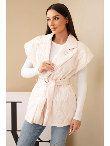 Kesi Włoski Women's quilted vest with a belt and a wide collar beige