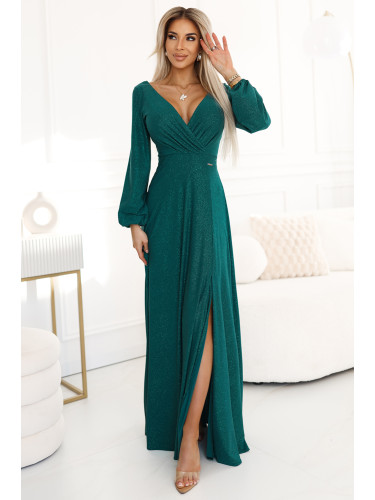 572-4 NELA shiny long dress with neckline, long sleeves and leg slit - green