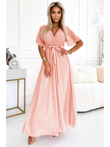545-4 Long dress with pleated neckline and tie - peach color