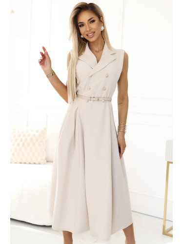 596-1 Elegant midi shirt dress with gold buttons and belt - beige