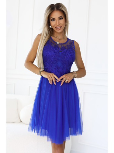 522-4 CATERINA Feminine dress with guipure and delicate tulle - cornflower blue