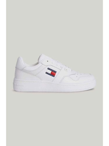 Tommy Hilfiger Men's Brand Logo Leather Top Rubber Outsole White Sneakers Suitable for Casual Use