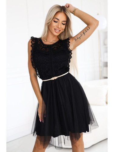 454-5 GRETA lace dress with tulle skirt and gold belt - black