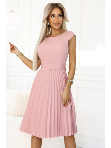 311-19 LILA Classic pleated dress with short sleeves and a belt - powder pink