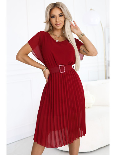 465-5 MIA Pleated Chiffon Midi Dress with Wide Belt - Burgundy