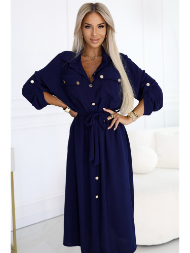 531-6 Midi Shirt Dress with Gold Buttons and Tie - Navy Blue