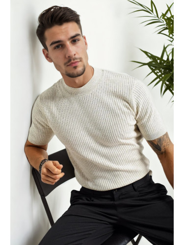 33307 Dewberry Mens Crew Neck Short Sleeve Thin Knit Sweater-BEIGE