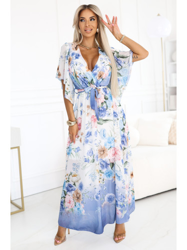 603-3 Airy wrap maxi dress with floral pattern – blue roses