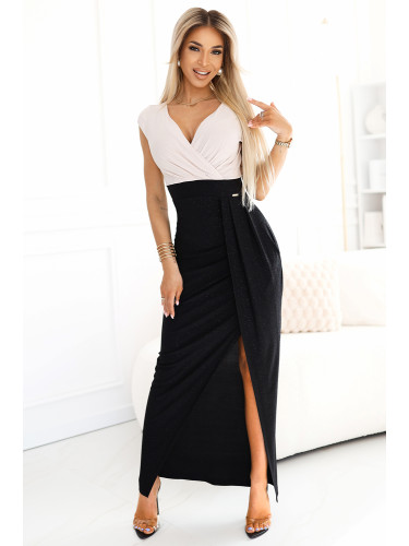 451-3 Shiny dress with short sleeves, neckline and slit on the leg - black and beige with glitter