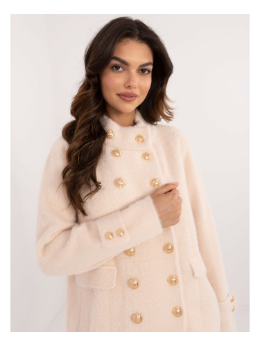 Ecru double-breasted alpaca coat with pockets