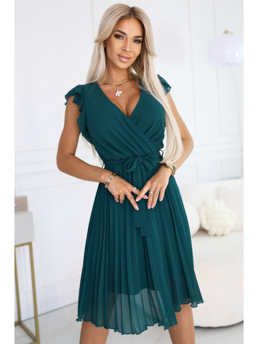 374-8 POLINA Pleated dress with a neckline and ruffles - green