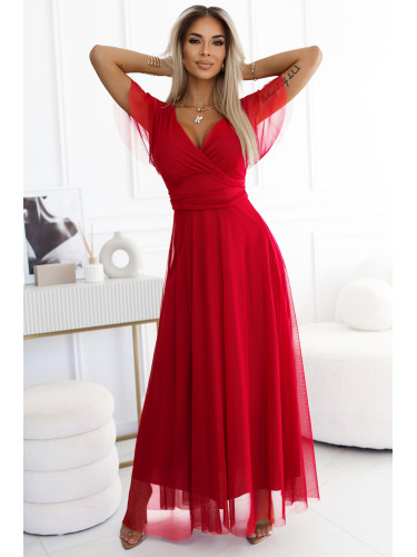 562-7 NASTIA Long dress with a neckline and short sleeves - red