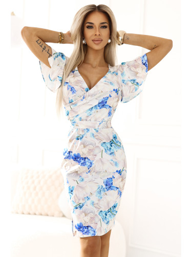 479-8 NINA dress with envelope neckline, sleeves and belt - blue floral pattern
