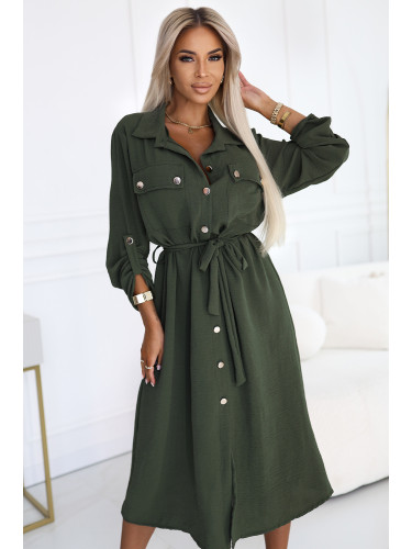 531-5 Midi Shirt Dress with Gold Buttons and Tie - KHAKI