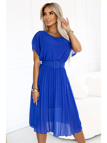 465-6 MIA Pleated Chiffon Midi Dress with Wide Belt - Cornflower Blue