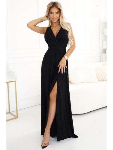 587-1 MONIQUE long exclusive dress with a neckline and a leg slit - black with glitter