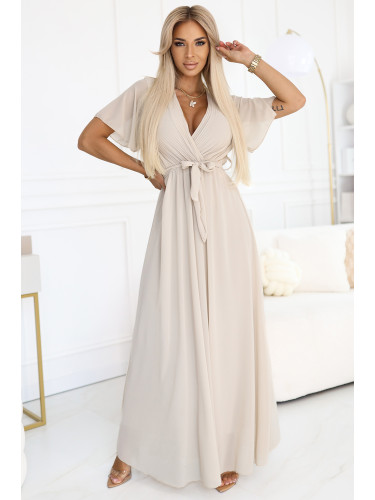 545-3 Long dress with pleated neckline and tie - beige