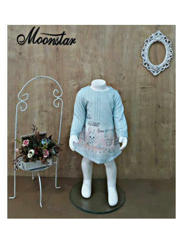 Бебешка рокля в тюркоаз/мента с дълъг ръкав със зайче