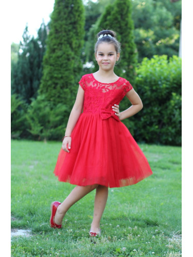 Официална детска рокля Чудомира с къс ръкав в червено от дантела и тюл