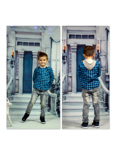  Детска риза с дълъг ръкав в синьо за момче с качулка