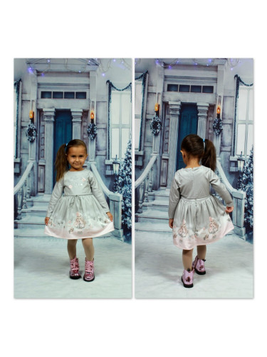 Детска рокля с дълъг ръкав в сиво с момиченце