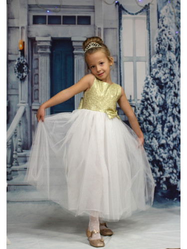 Празнична детска дълга рокля в екрю и златисто 