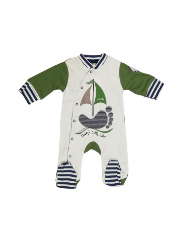 Бебешки гащеризон в бяло и зелено с дълъг ръкав