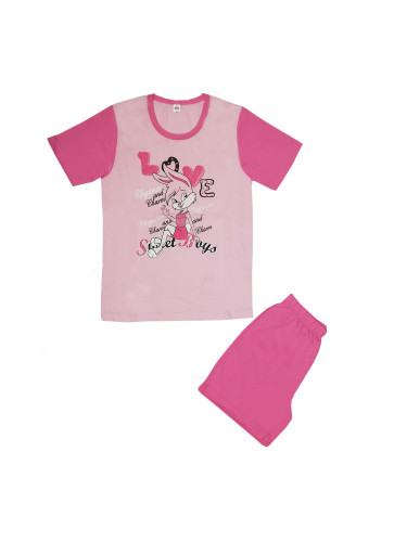 Детска пижама с къс ръкав с картинка на зайче в розово