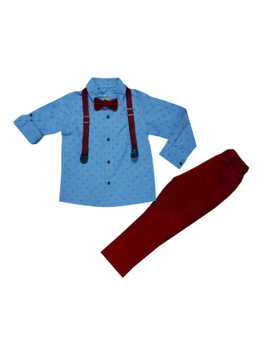 Комплект от панталон в червено, риза в светлосиньо, тиранти и папийонк