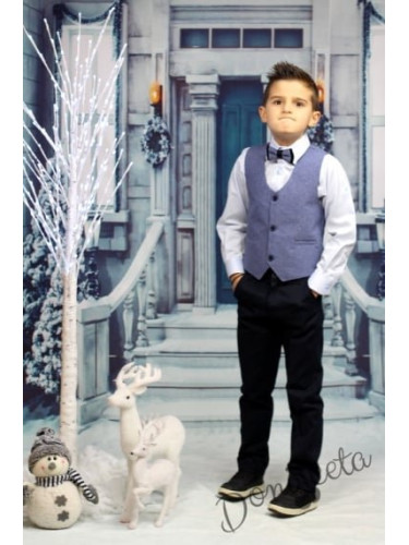 Официален костюм момче от елек в синьо риза, панталон и папийонка