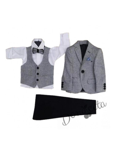 Елегантен детски костюм за момче от 5 части със сако в сиво