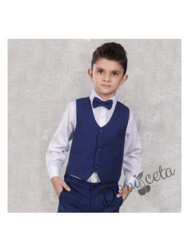 Официален костюм момче от елек в синьо, риза в бяло, панталон и папийо