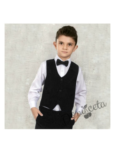 Официален костюм момче от елек в черно, риза в бяло, панталон и папийо