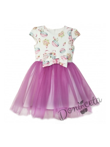 Детска рокля в бяло с къс ръкав и тюл в лилаво с макарони