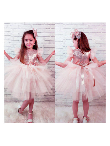 Детска официална рокля в прасковено от пайети и тюл на пластове с панд