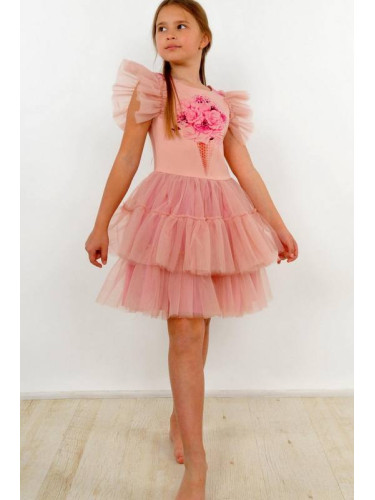 Официална детска рокля с къс ръкав и тюл в розово