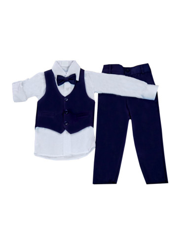 Официален костюм момче от елек в тъмносиньо, риза в бяло, панталон и п