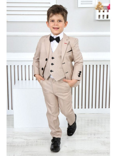 Официален детски костюм за момче в бежово от 5 части със сако от коле