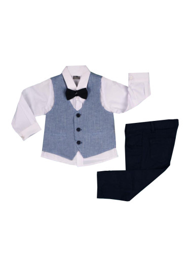 Официален костюм момче от елек в синьо, риза в бяло, панталон и папийо
