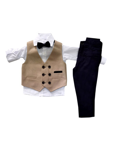 Официален костюм за момче от елек в бежово, риза, панталон в тъмносинь