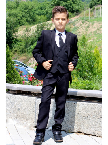 Официален костюм за момче в черно от 5 части с вратовръзка