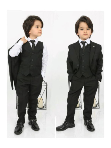 Официален черен костюм за момче от 5 части с вратовръзка