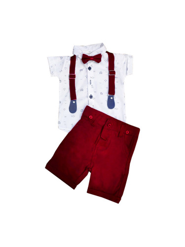 Комплект от риза с къс ръкав, къси панталони в бордо, тиранти и папийо