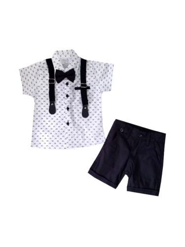 Комплект от бяла риза с къс ръкав, панталон в тъмносиньо, папийонка и 