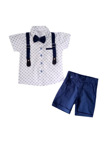 Комплект от бяла риза с къс ръкав, панталон в синьо, папийонка и тиран